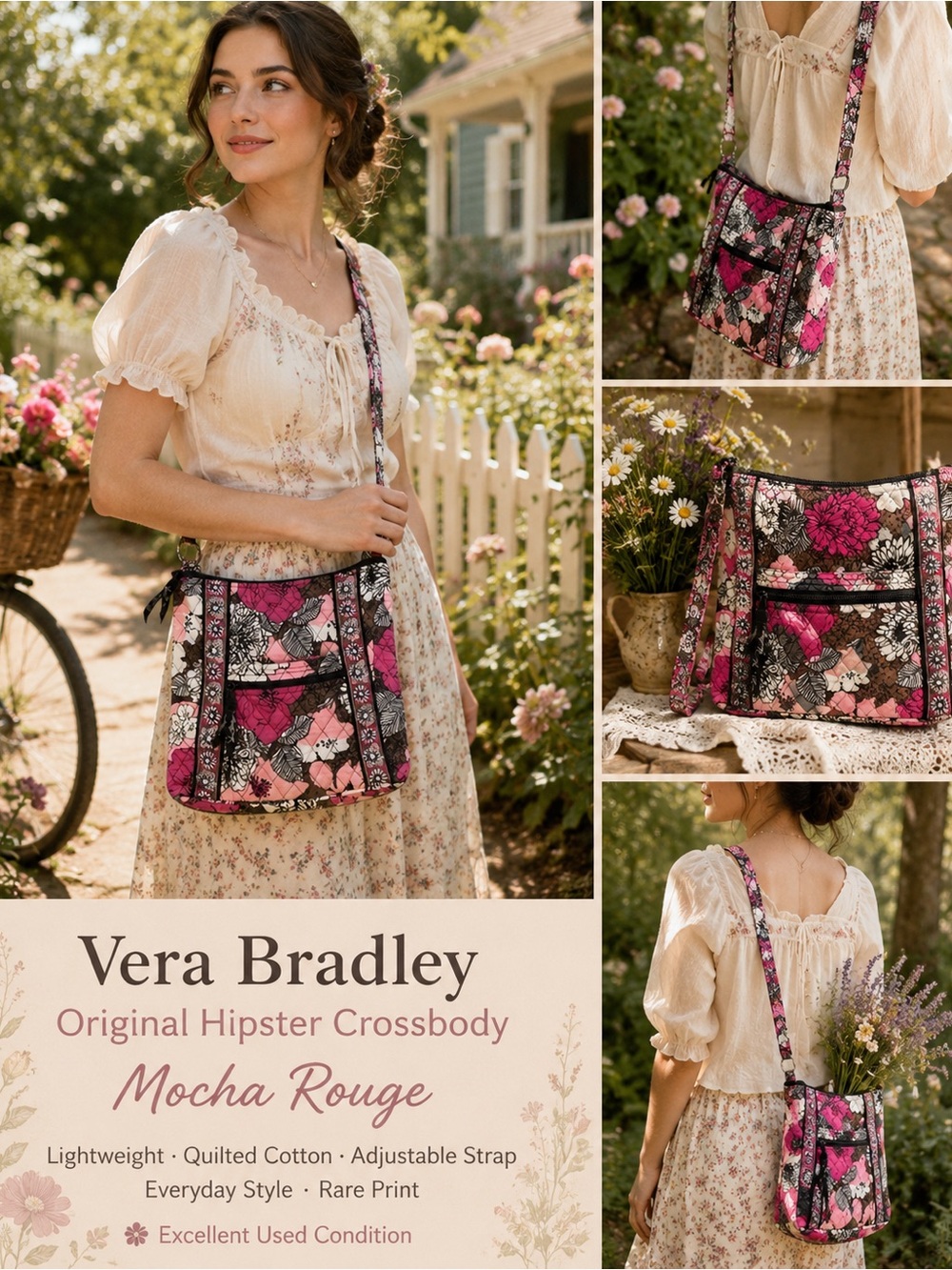 Vera Bradley Mocha Rouge Original Hipster Crossbody Bag Pink Floral Rare EUC